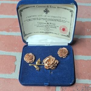 Rose Brooch and Clip On  Earrings Set in Rose Gold Camrose And Cross